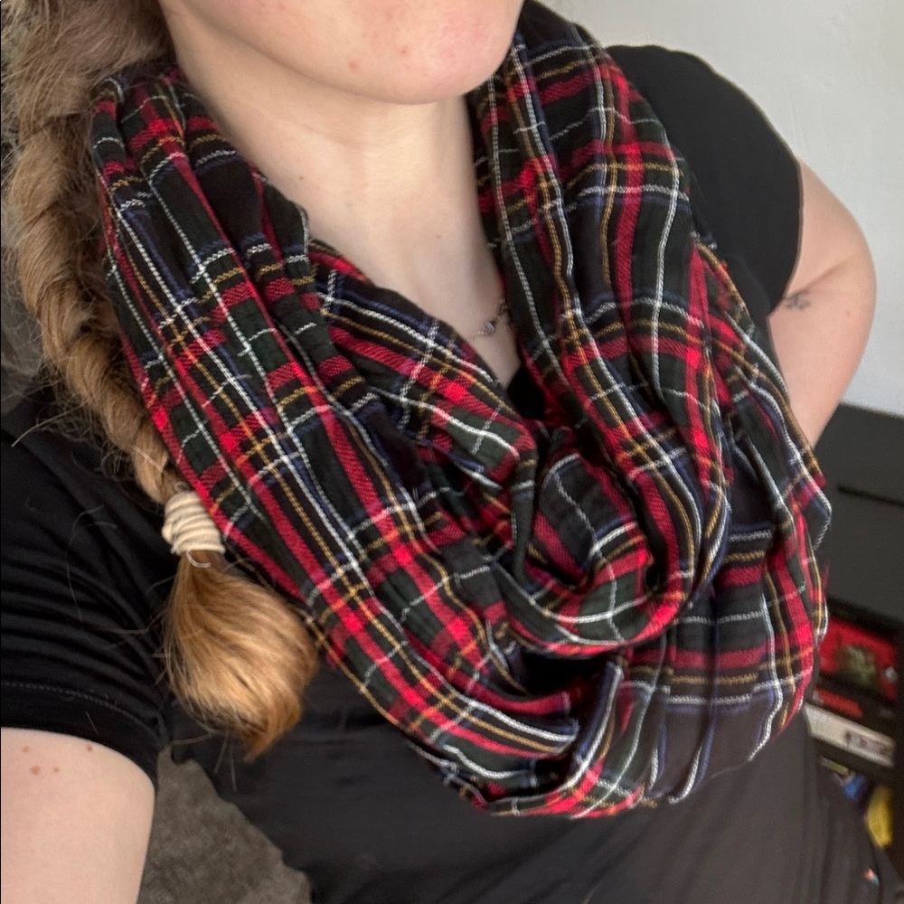 LOFT Red and Black Plaid Infinity Scarf